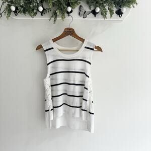 A.L.C Ivory Striped Linen Basic Tank Top with Crochet Detail Size S K1242